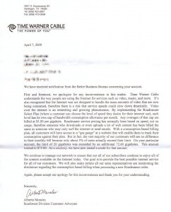 Time Warner Cable's 4/7/09 letter in response to a Better Business Bureau complaint regarding Internet Overcharging schemes implemented in the Golden Triangle, Texas (click to enlarge)
