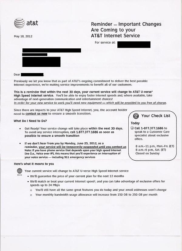 A Broadband Reports reader in Conn. shared a copy of the AT&T U-verse upgrade letter posted on that site's AT&T forum.