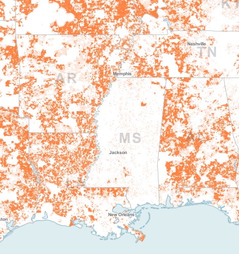 This FCC broadband coverage map depicts broadband service gaps in orange.