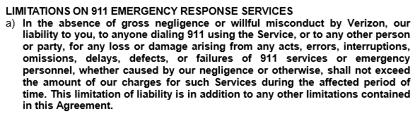 Verizon disclaims legal responsibility for failed 911 calls in its Voice Link terms and conditions.