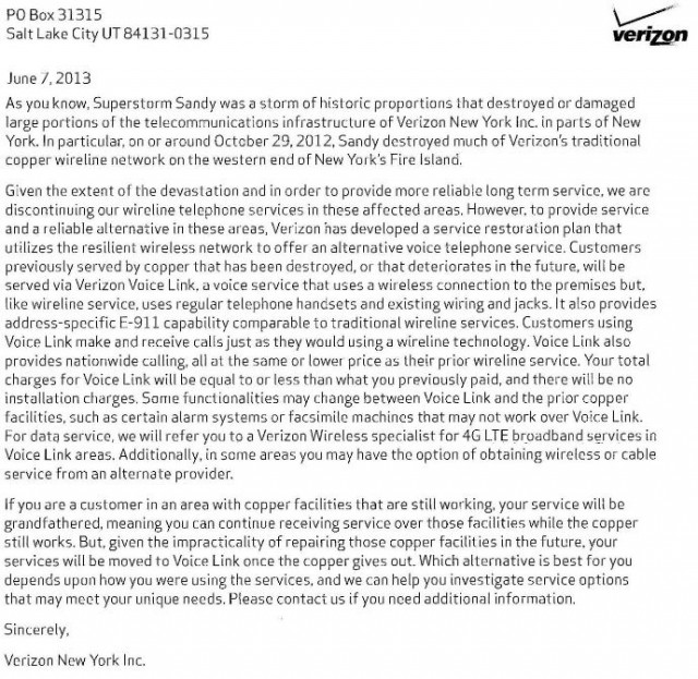 Letter to affected Verizon customers on Fire Island.