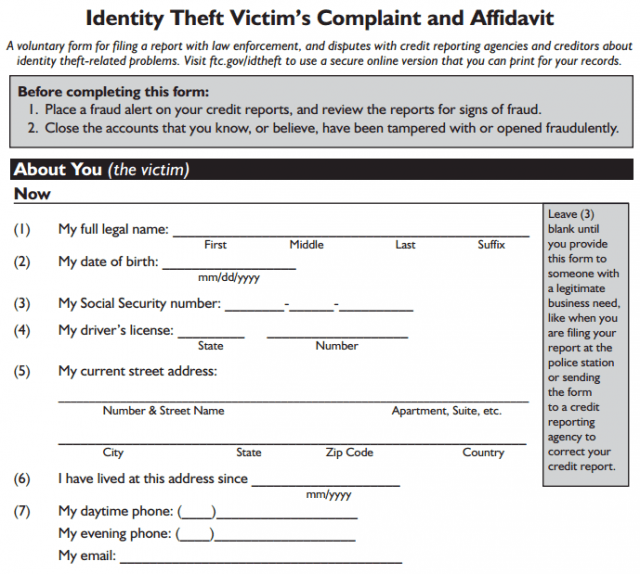 Comcast's identify theft reporting form runs six pages and requires a police report, a notarized signature, and  copies of your valuable photo ID.