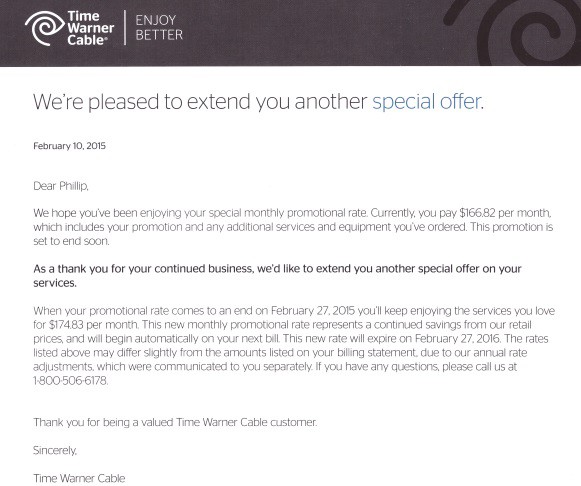 When your Time Warner Cable promotion expires, expect to receive a letter like this in the mail, gradually increasing your rates.