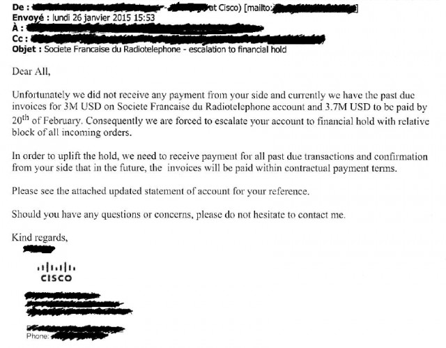 Drahi's company even stiffed Cisco, which sent this warning note suspending shipments pending payment.