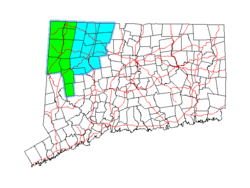 Northwest Connecticut region is shown in green and the Litchfield Hills region in blue.