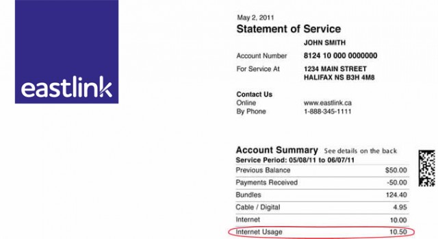 Atlantic Canada provider Eastlink still offer unlimited access for speeds of 20Mbps or slower, but the fastest speeds now come with usage caps and overlimit fees, as depicted on this sample invoice.