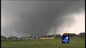 KFOR-TV in Oklahoma City captured this image of the destructive tornado that flattened parts of Moore, Okla.