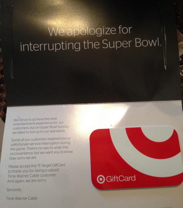 Time Warner Cable sends $5 Target gift cards to customers in Southern California.