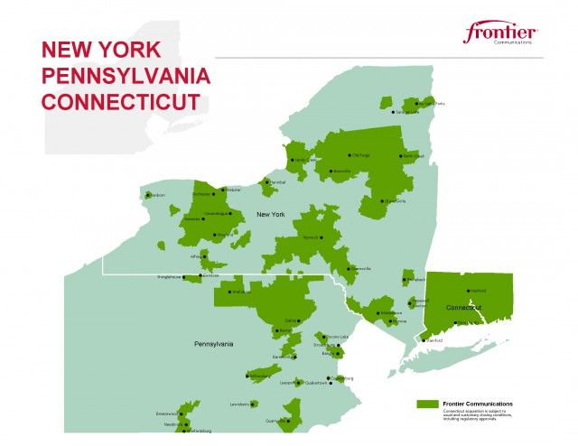 Frontier's proposed northeastern service areas would add almost the entire state of Connecticut to its holdings in mostly-rural upstate New York and Pennsylvania and the urban metropolitan Rochester, N.Y. 585 area code region.