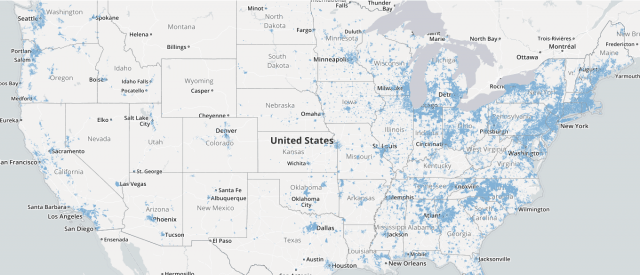 Map showing cable companies offering at least DOCSIS 3.0 cable broadband service.