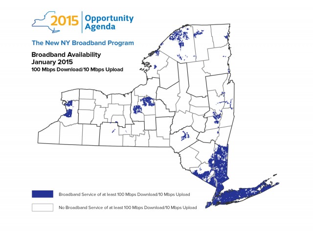 The broadband map from N.Y. State shows 100Mbps service is available to most New Yorkers from Verizon FiOS, Cablevision, and a handful of municipal/co-op operators. Time Warner Cable only provides a maximum of 50Mbps service across upstate New York.