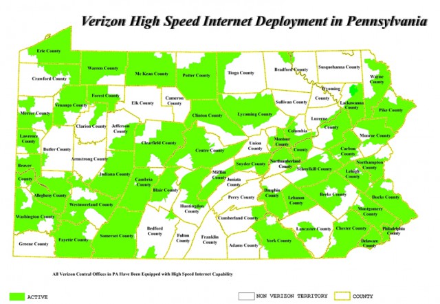 In Pennsylvania, Verizon is required by regulators to provide access to broadband to any customer that wants the service by the end of 2015. This map shows Verizon's service areas, 96% of which now have access to at least DSL service.