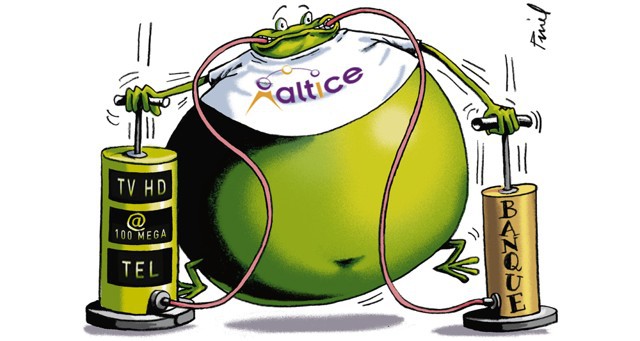 The French press continues to ridicule Patrick Drahi's debt-laden acquisitions as "Altice in Wonderland." (Cartoon: Les Echos)
