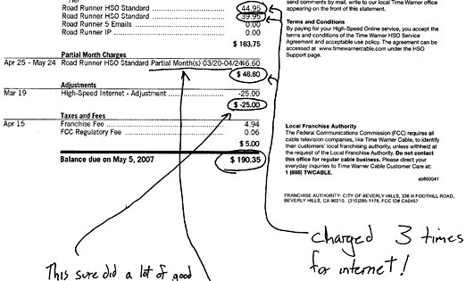 Time Warner Cable erroneously billed one of its own employees for three Internet accounts.