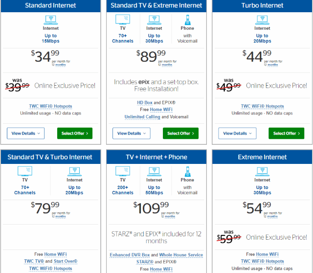 Time Warner Cable Legacy Offers In An Area Not Yet Switched To Charter Spectrum Plans Look Like This